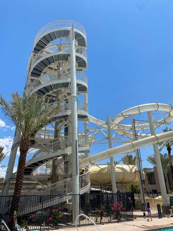 Full View of the Arizona Biltmore Paradise Pool Slides with Steel Spiral Staircase